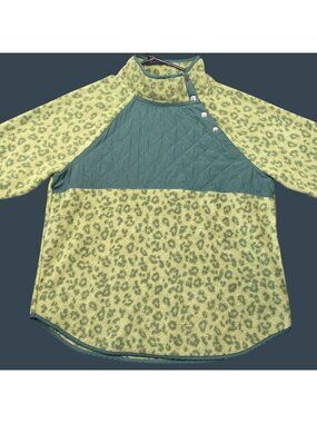 J.Crew Womens XL Leopard Fleece Tunic Pullover Quilted Snap Buttons Green Yellow